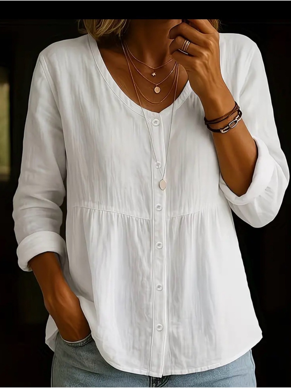 White Button-Front V-Neck Women's Blouse 🌺31